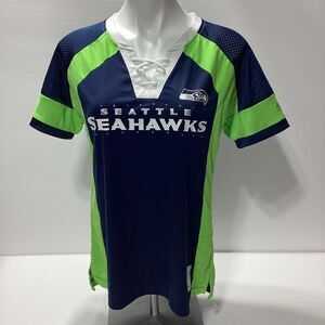 Seahawks Shirt Women's M Majestic Fan Fashion Front Laced Neckline Short Sleeve